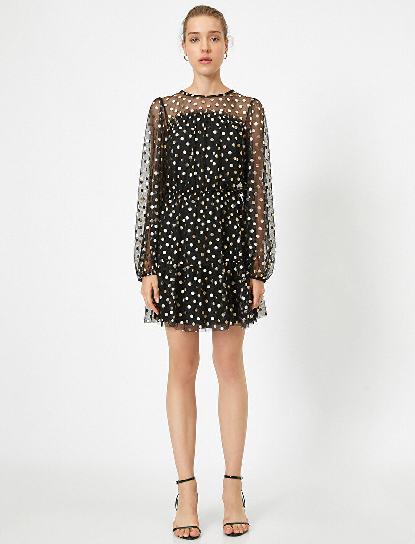 Uzun Kollu Puantiyeli Mini Elbise