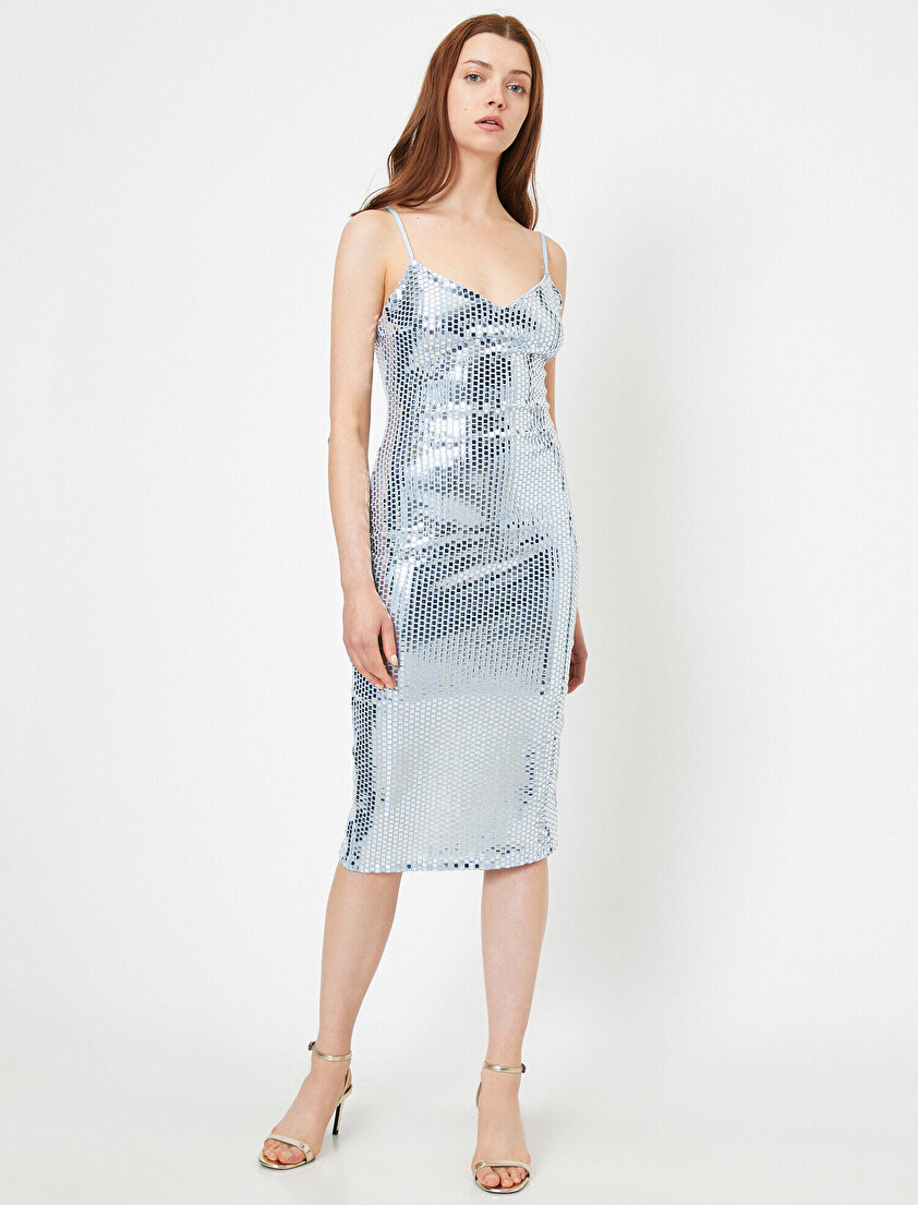 Pullu V Yaka Kamisol Midi Boy Elbise