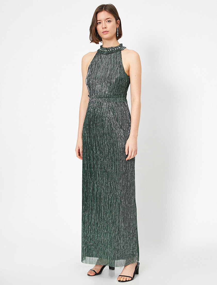 Metalik Tül Fırfır ve Taş Detaylı Halter Yaka Uzun Abiye Elbise