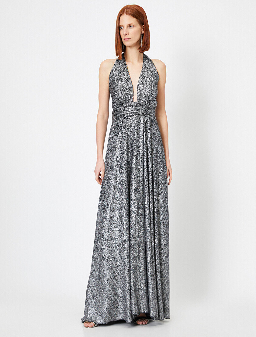 Metalik Çapraz Yaka Detaylı Yırtmaçlı Volanlı Uzun Abiye Elbise