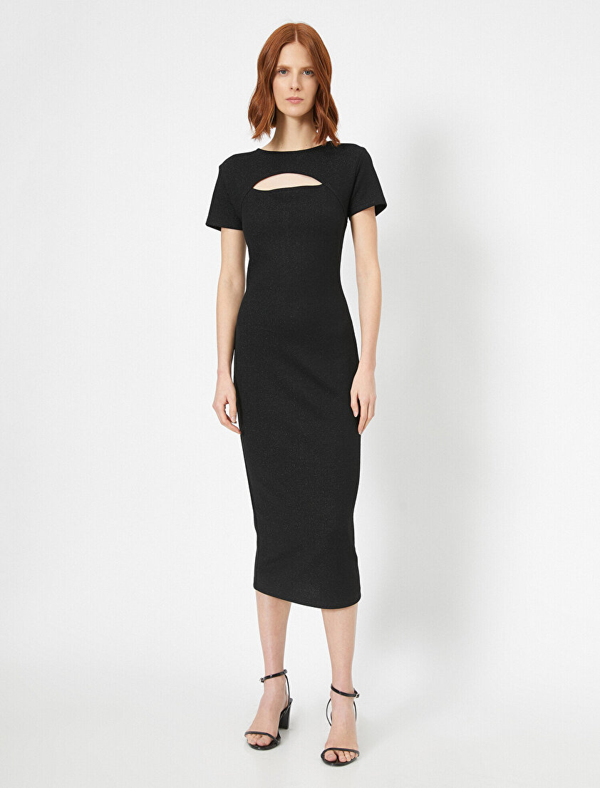 Simli Göğüs Pencere Detaylı Kısa Kollu Midi Boy Elbise