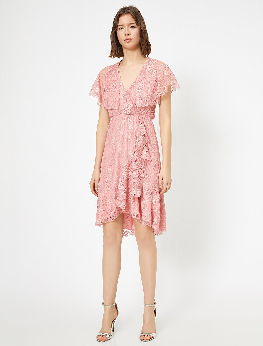 Dantel Fırfırlı Anvelop Bel Büzgülü Mini Elbise