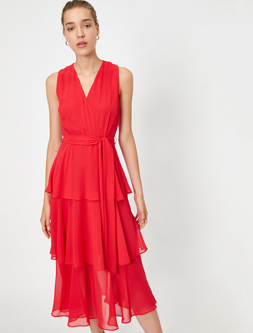 Fırfırlı Şifon Kemerli Elbise