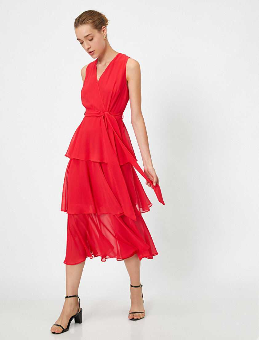 Fırfırlı Şifon Kemerli Elbise