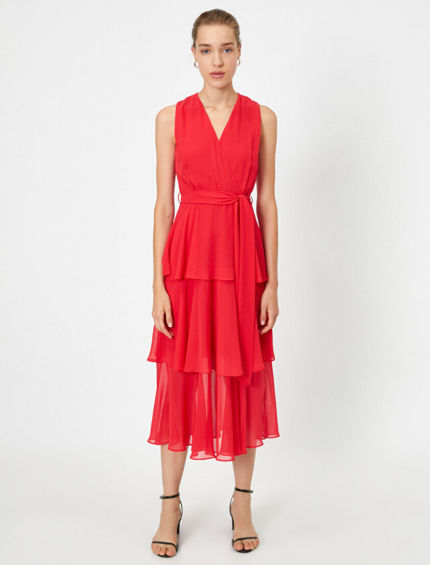 Fırfırlı Şifon Kemerli Elbise