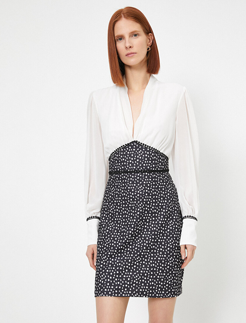 Puantiye Dantel Detaylı Şifon V Yaka Uzun Kollu Mini Elbise