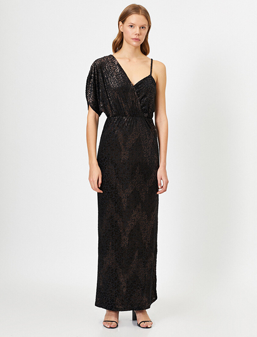 Metalik Tek Omuz Askılı Kruvaze Yırtmaçlı Uzun Elbise