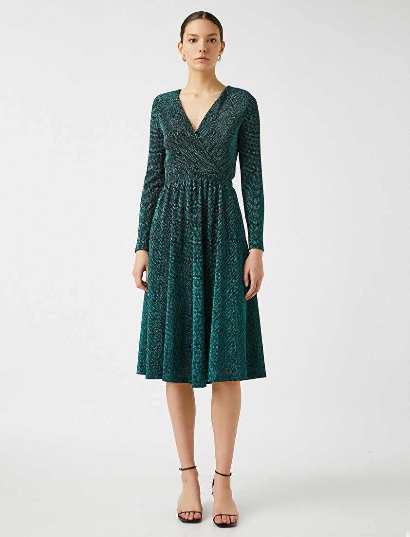 Metalik Bel Büzgülü Volanlı Kruvaze Abiye Elbise