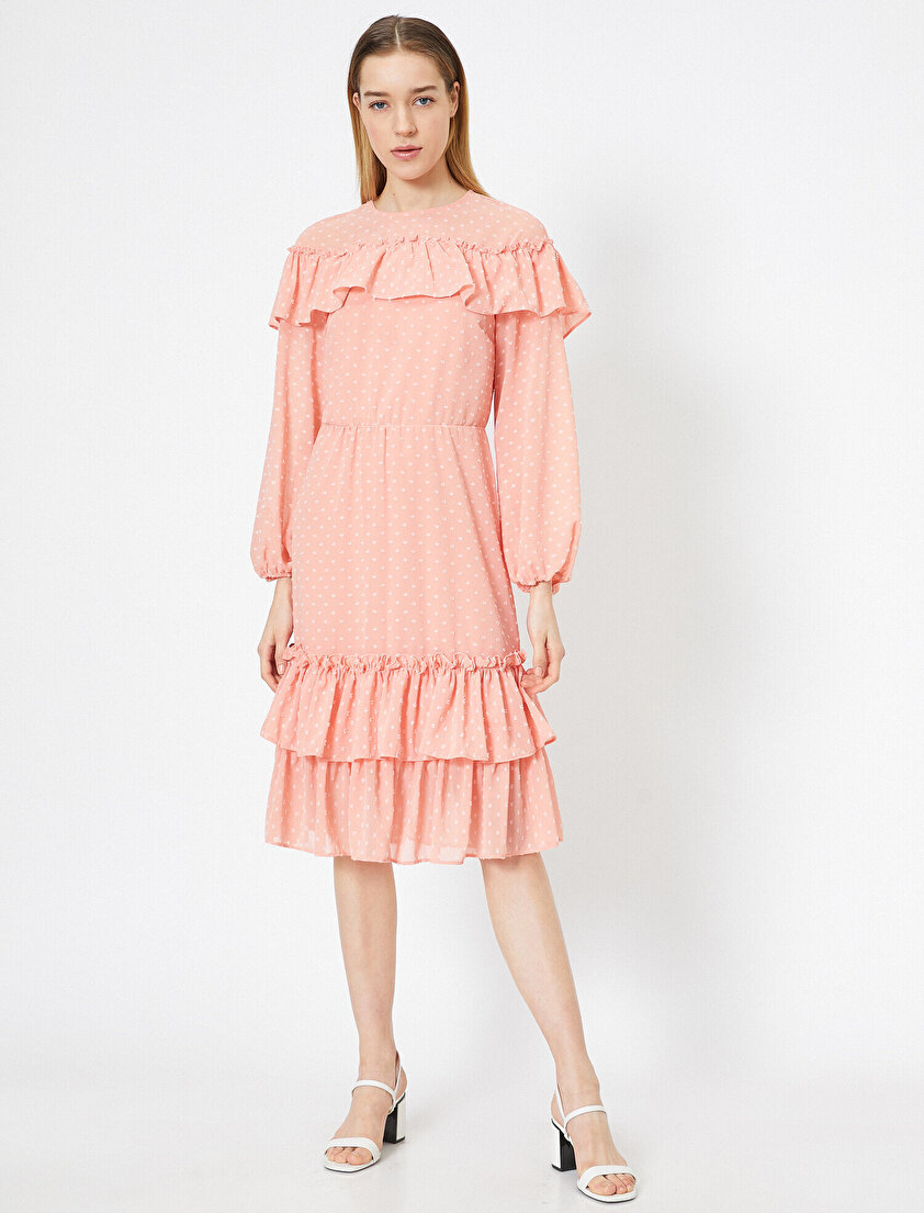 Etek Ucu Kat Volanlı Uzun Kollu Midi Elbise