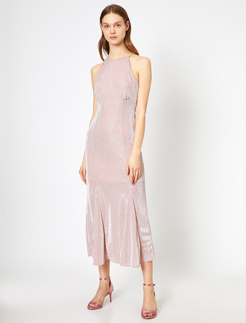 Simli Volanlı Halter Yaka Uzun Abiye Elbise