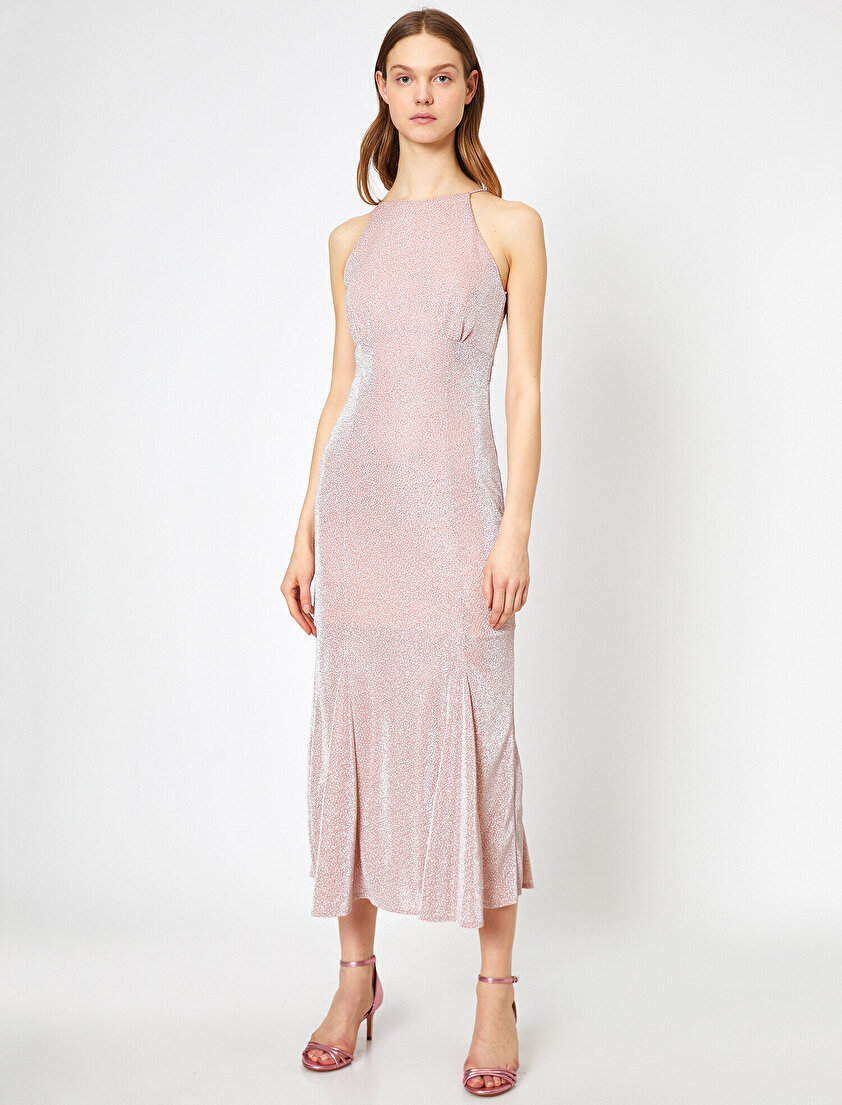 Simli Volanlı Halter Yaka Uzun Abiye Elbise