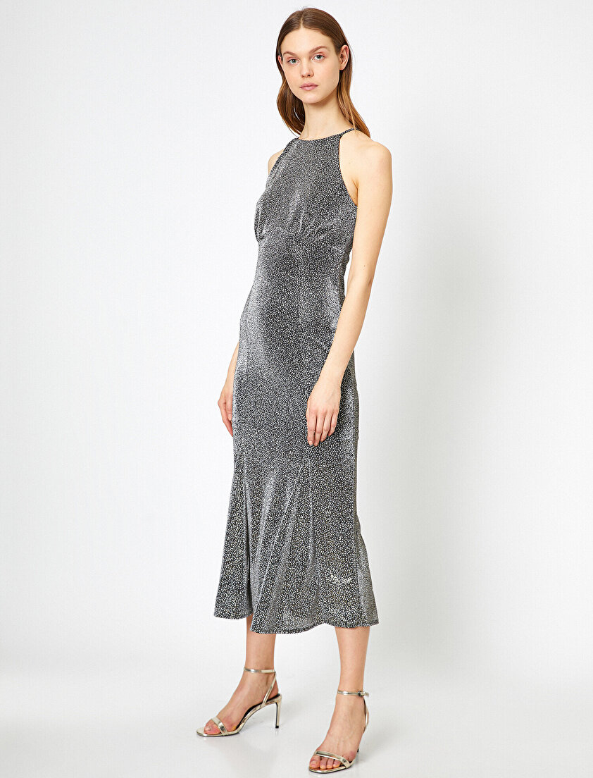 Simli Volanlı Halter Yaka Uzun Abiye Elbise