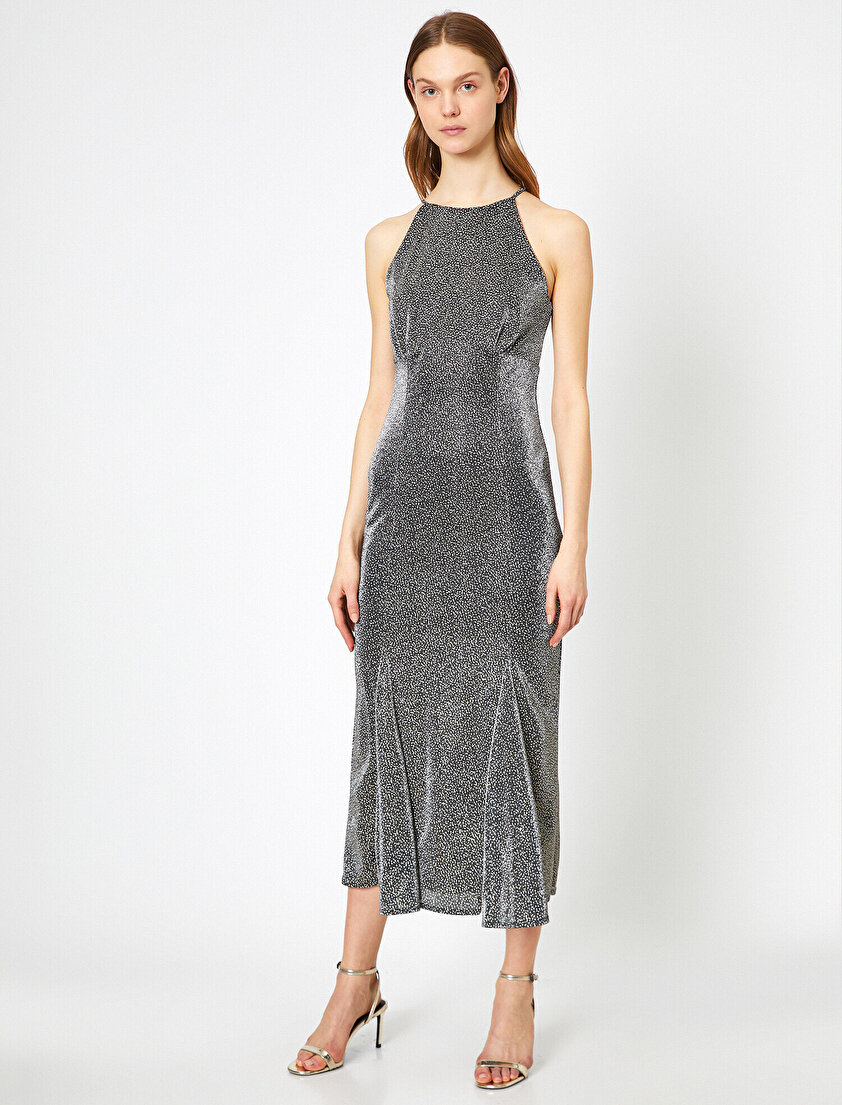 Simli Volanlı Halter Yaka Uzun Abiye Elbise