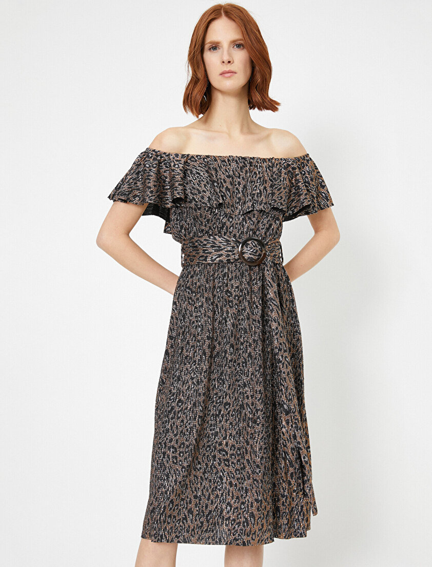 Metalik Leopar Baskılı Düşük Omuz Bel Bağcık Detaylı Midi Boy Elbise