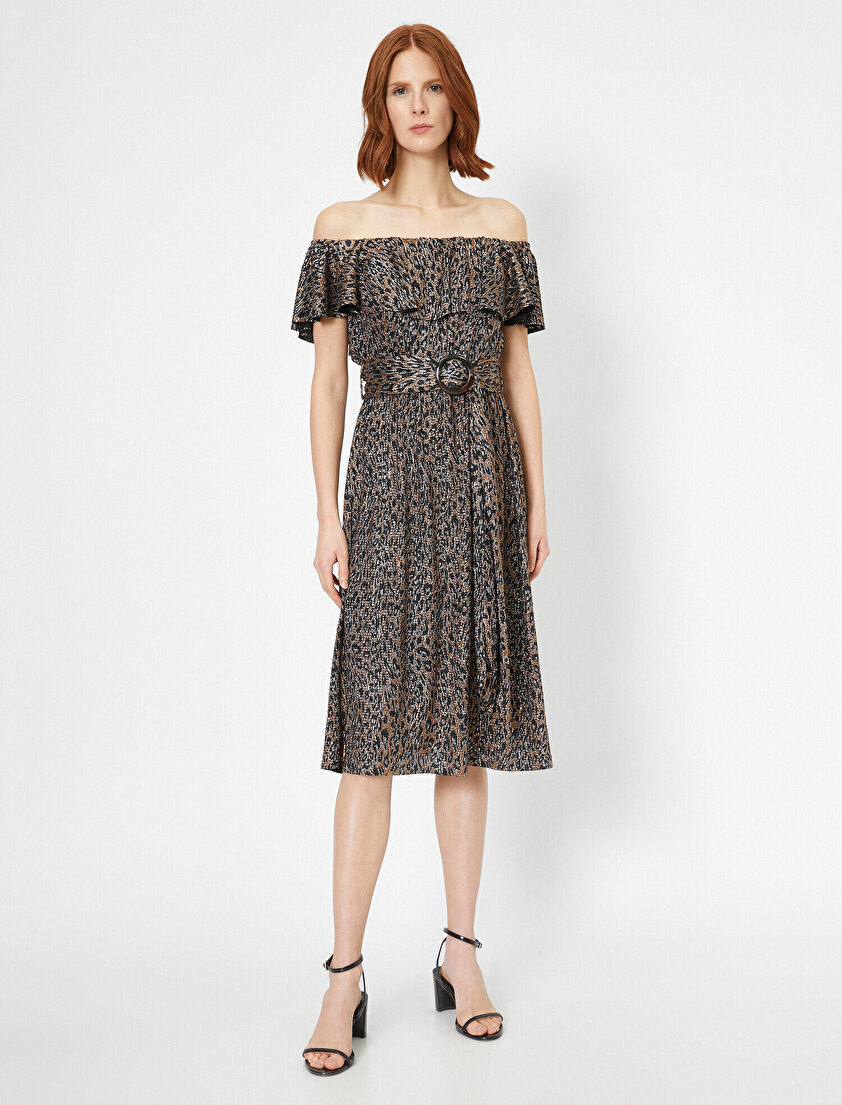 Metalik Leopar Baskılı Düşük Omuz Bel Bağcık Detaylı Midi Boy Elbise