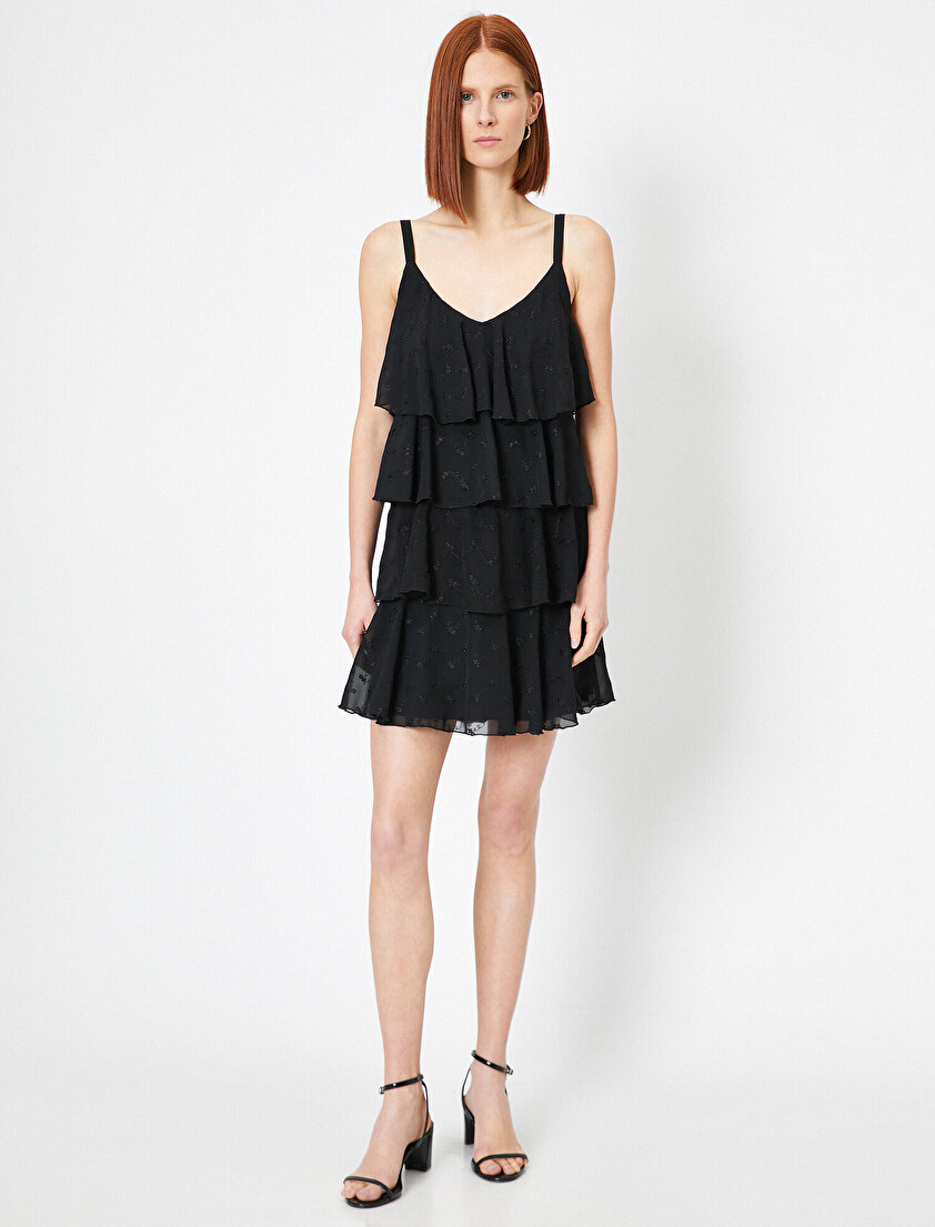 Şifon Fırfırlı Askılı V Yaka Mini Elbise