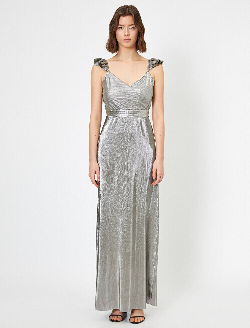 Metalik Piliseli Fırfır Detaylı Kruvaze Uzun Elbise