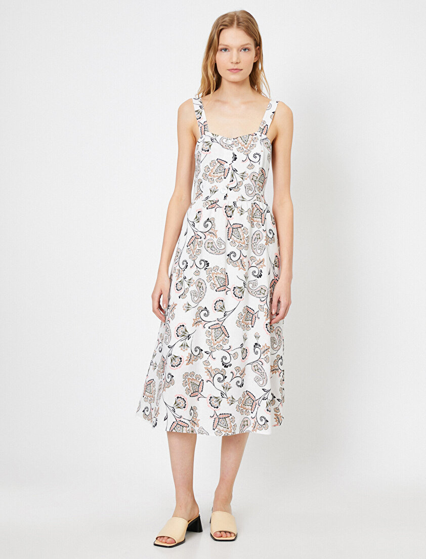 Desenli Keten Elbise