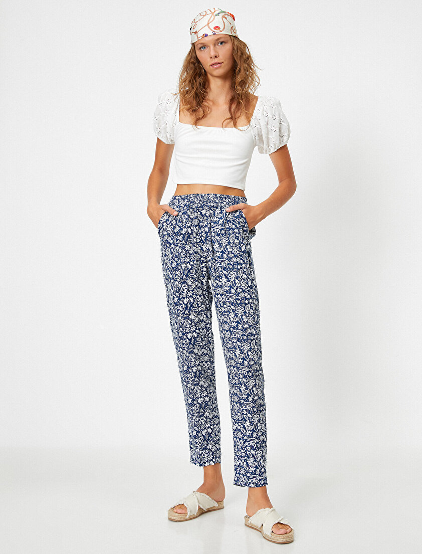 Yüksek Bel Cepli Etnik Desenli Pantolon