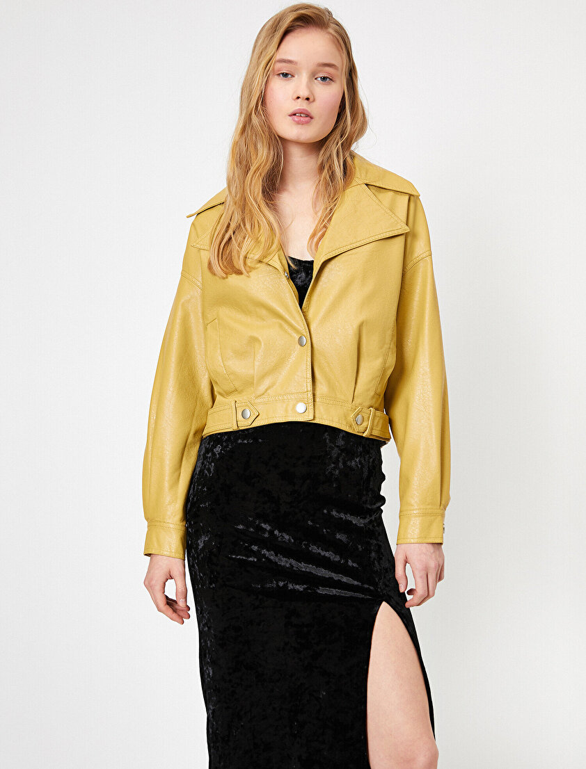 Geniş Yaka Detaylı Suni Deri Ceket