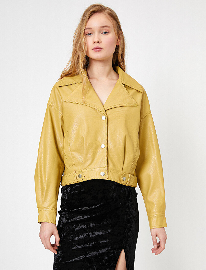 Geniş Yaka Detaylı Suni Deri Ceket