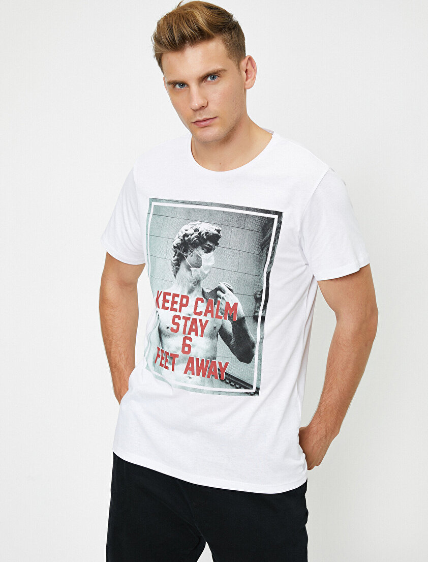 Yazılı Baskılı Pamuklu Kısa Kollu Bisiklet Yaka Tişört