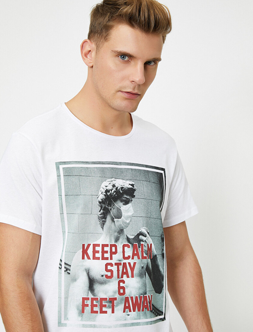 Yazılı Baskılı Pamuklu Kısa Kollu Bisiklet Yaka Tişört