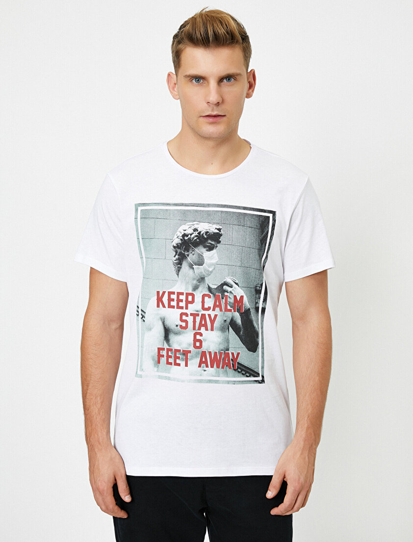 Yazılı Baskılı Pamuklu Kısa Kollu Bisiklet Yaka Tişört