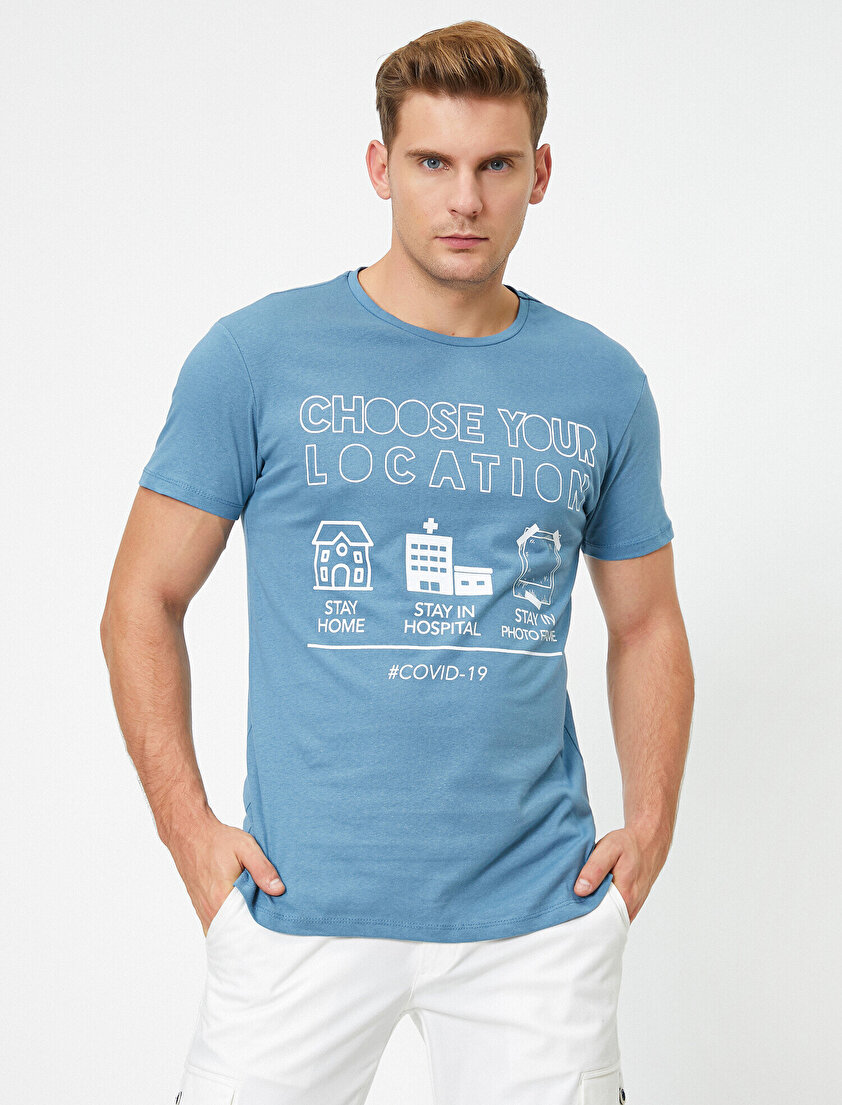 Kısa Kollu Bisiklet Yaka Yazılı Baskılı Tişört