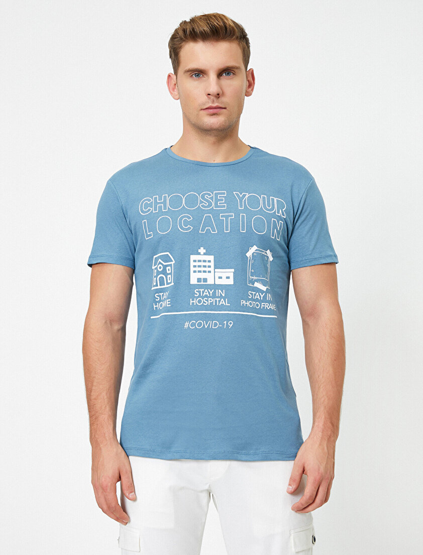 Kısa Kollu Bisiklet Yaka Yazılı Baskılı Tişört