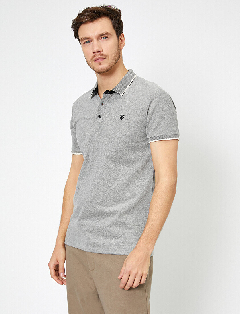 Polo Yaka İşleme Detaylı Desenli Kumaş Slim Fit Tişört