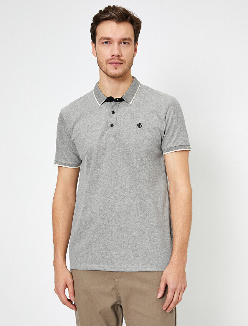 Polo Yaka İşleme Detaylı Desenli Kumaş Slim Fit Tişört