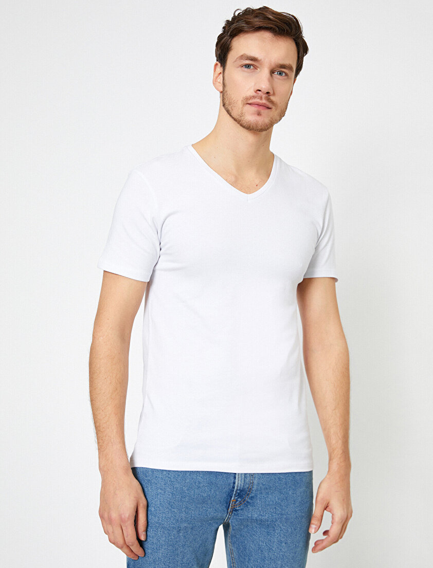 V Yaka Esnek Kumaşlı Süper Slim Fit Basic Tişört
