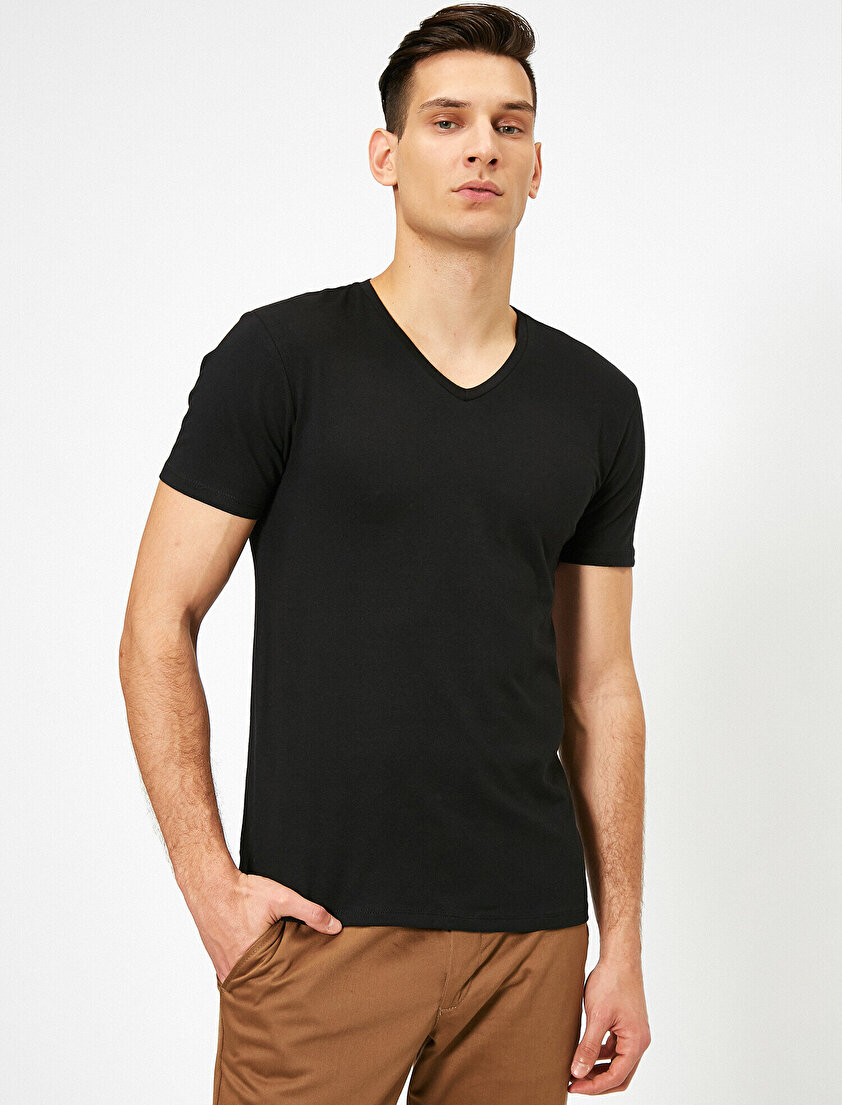 V Yaka Esnek Kumaşlı Süper Slim Fit Basic Tişört