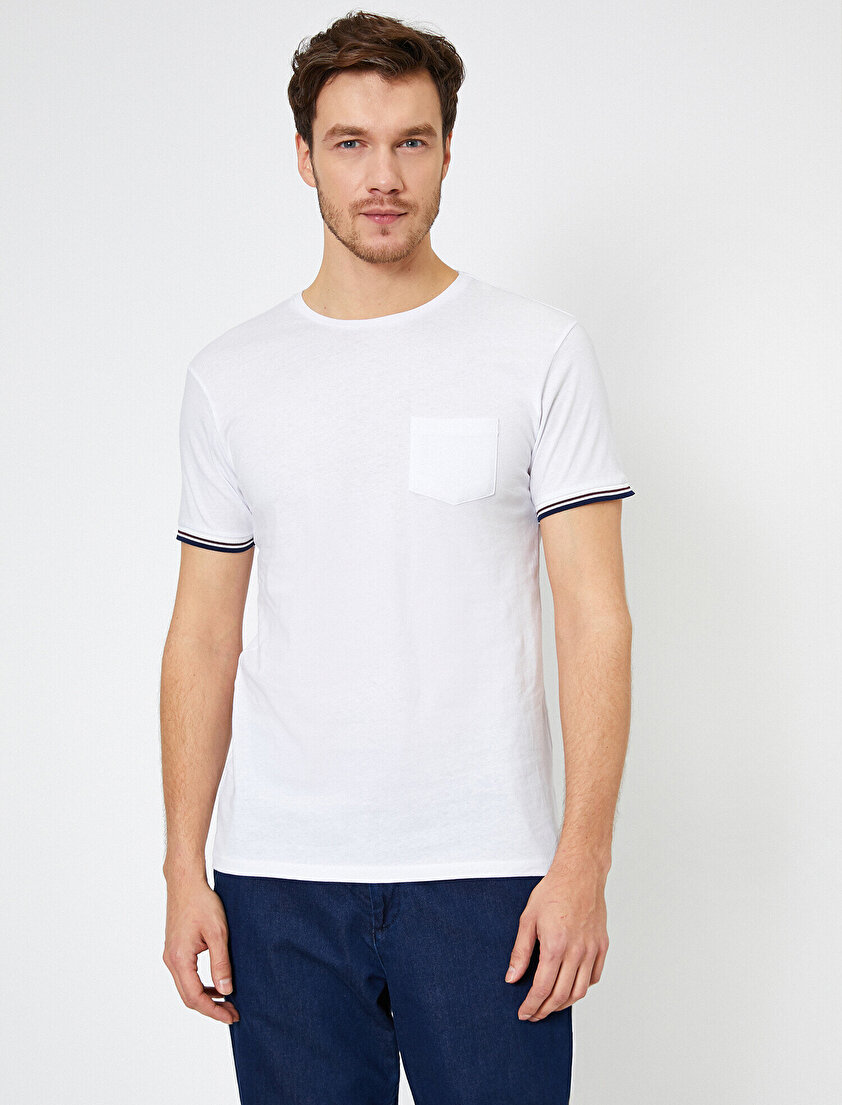 Bisiklet Yaka Kolları Şeritli Cep Detaylı Slim Fit Tişört