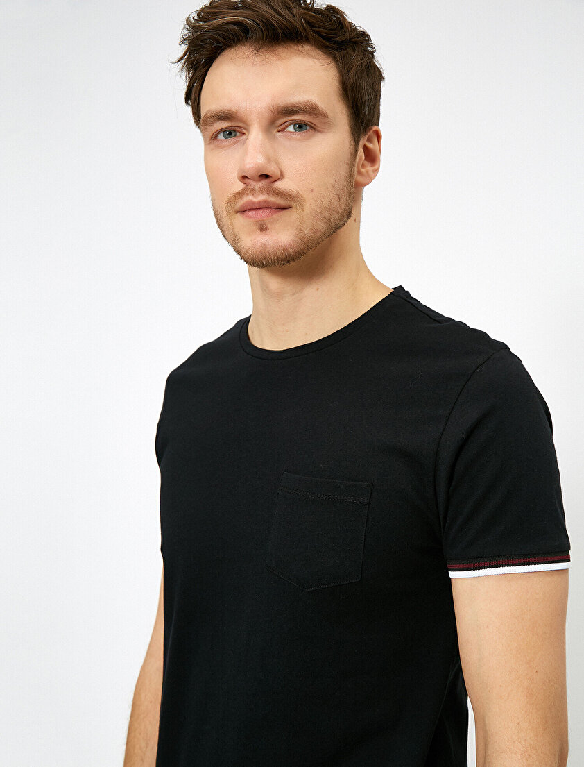 Bisiklet Yaka Kolları Şeritli Cep Detaylı Slim Fit Tişört