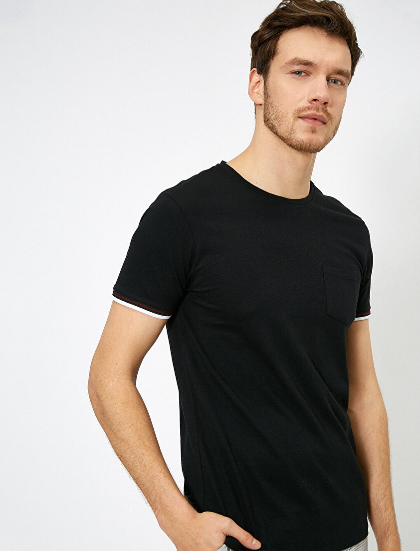 Bisiklet Yaka Kolları Şeritli Cep Detaylı Slim Fit Tişört