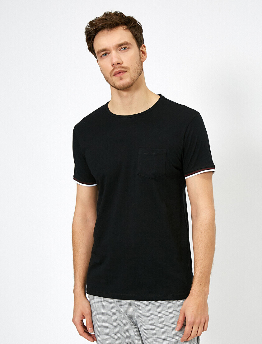 Bisiklet Yaka Kolları Şeritli Cep Detaylı Slim Fit Tişört