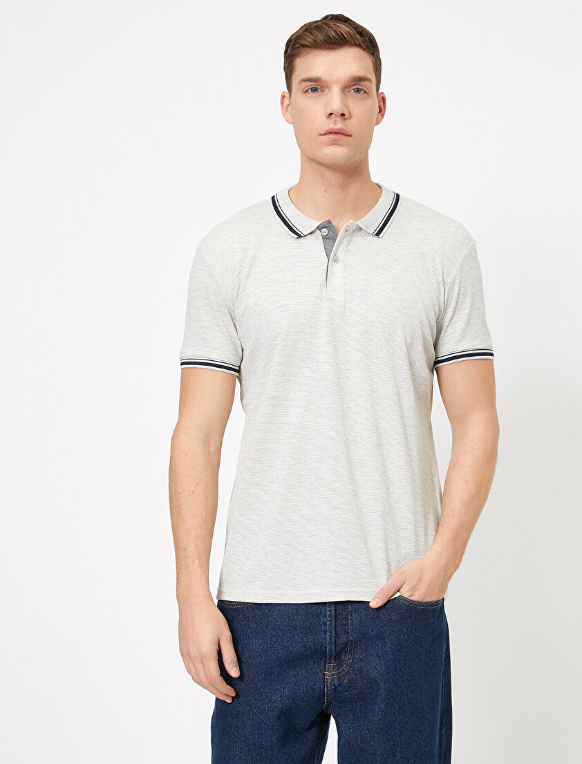 Polo Yaka Kolu ve Yakası Çzigili Slim Fit Tişört
