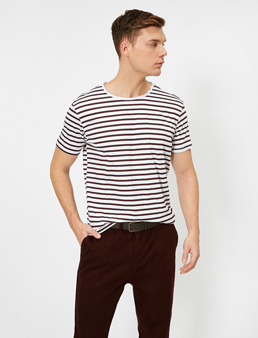 Bisiklet Yaka Çizgili Baskılı Slim Fit Tişört