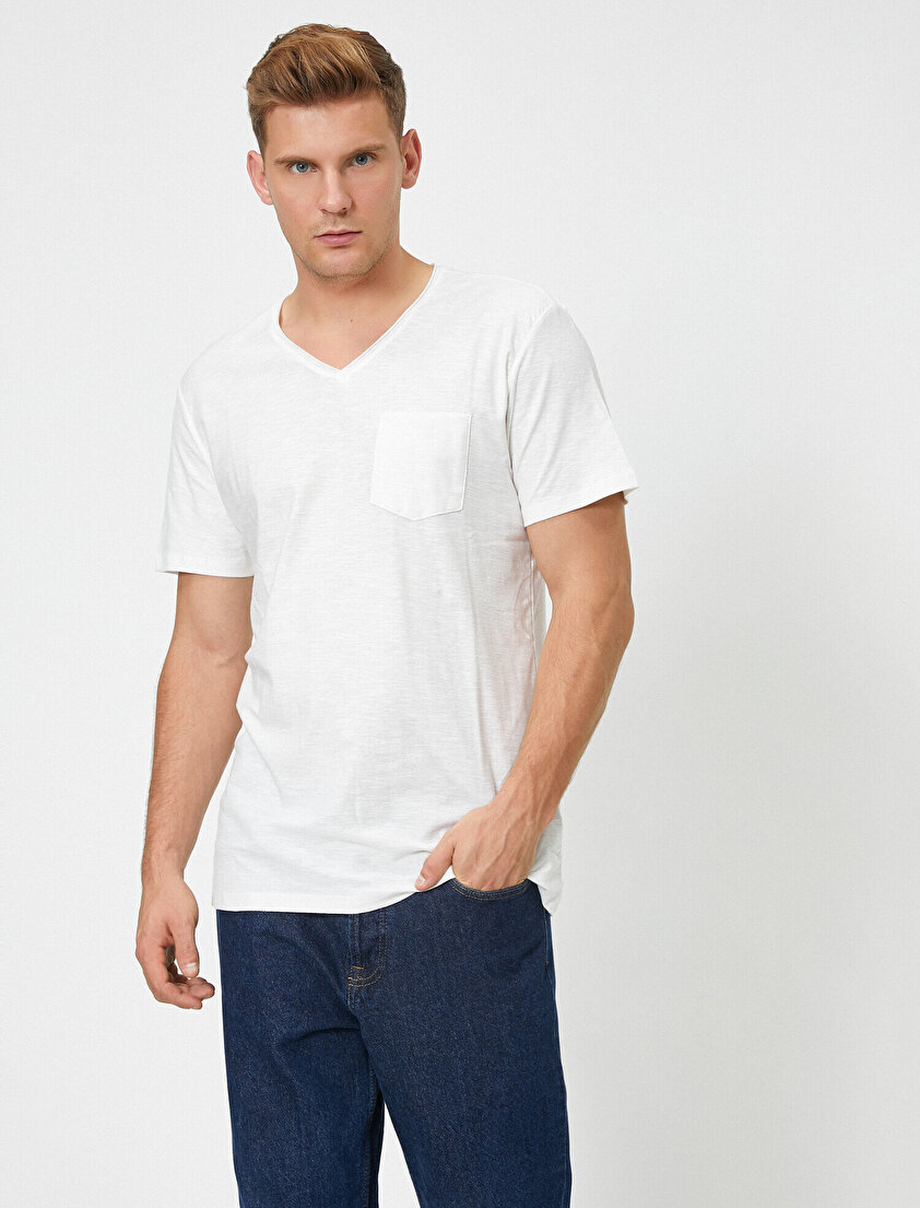 V Yaka Cebi Flamlı Slim Fit Basic Tişört