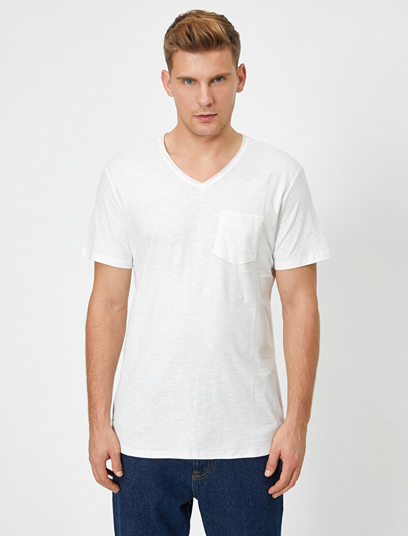 V Yaka Cebi Flamlı Slim Fit Basic Tişört