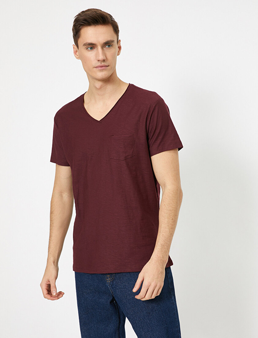 V Yaka Cebi Flamlı Slim Fit Basic Tişört