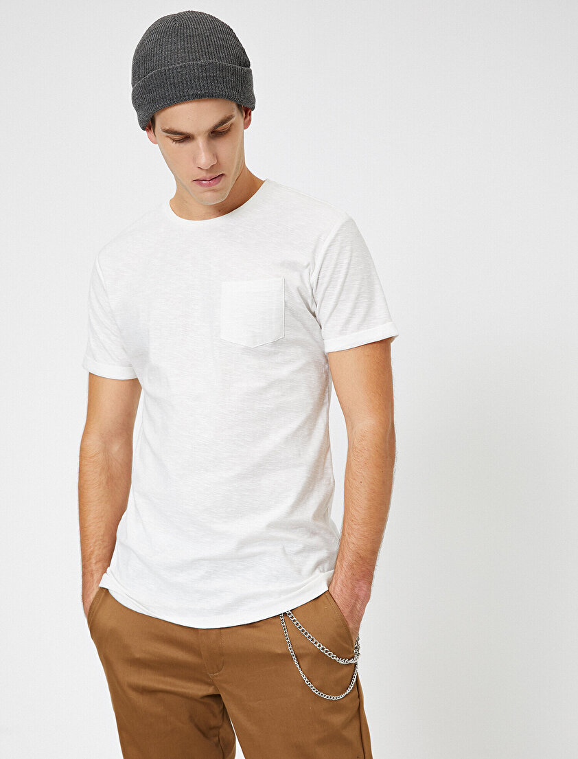 Bisiklet Yaka Cep Detaylı Flamlı Kumaş Slim Fit Basic Tişört