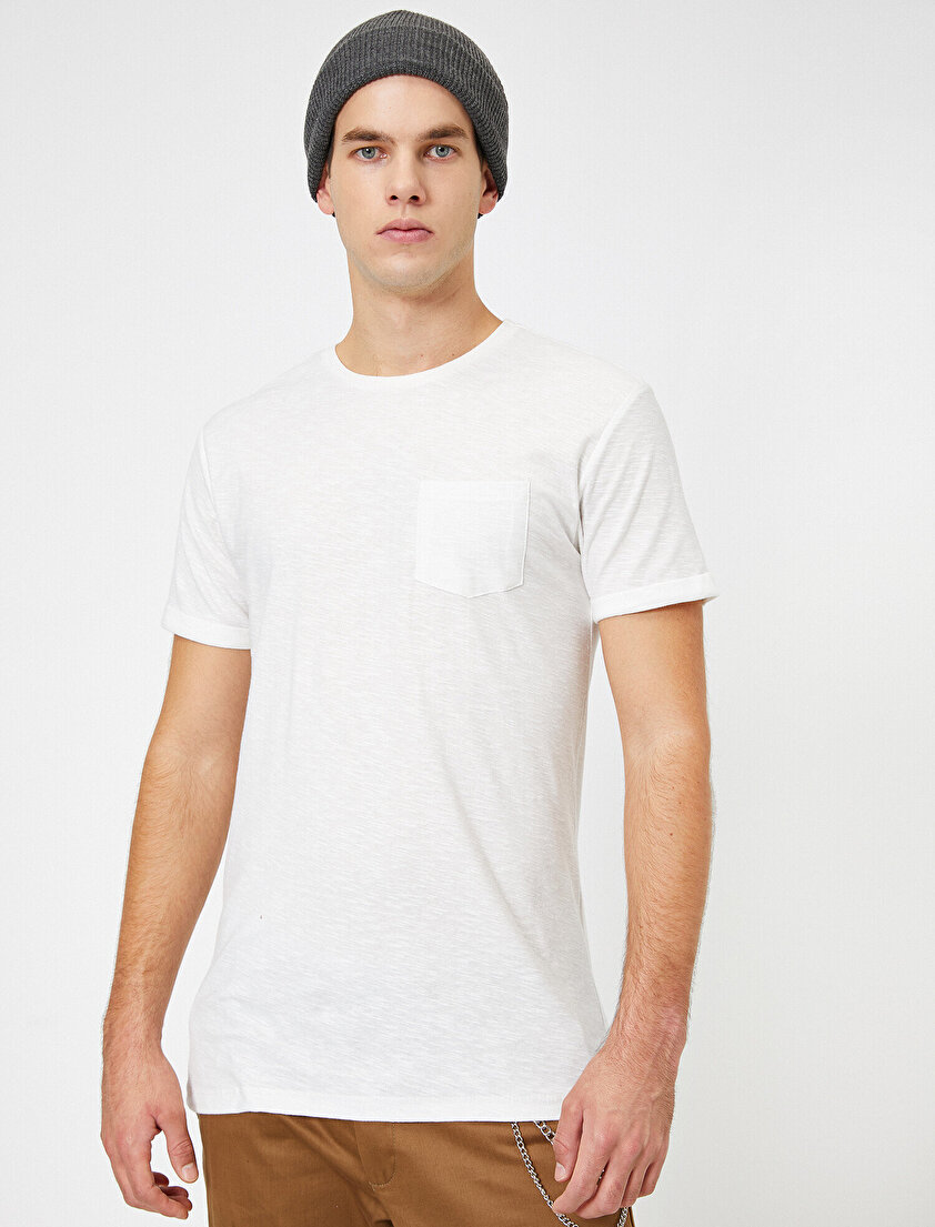 Bisiklet Yaka Cep Detaylı Flamlı Kumaş Slim Fit Basic Tişört