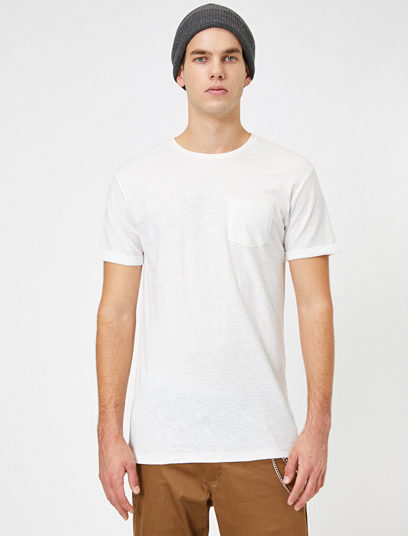 Bisiklet Yaka Cep Detaylı Flamlı Kumaş Slim Fit Basic Tişört