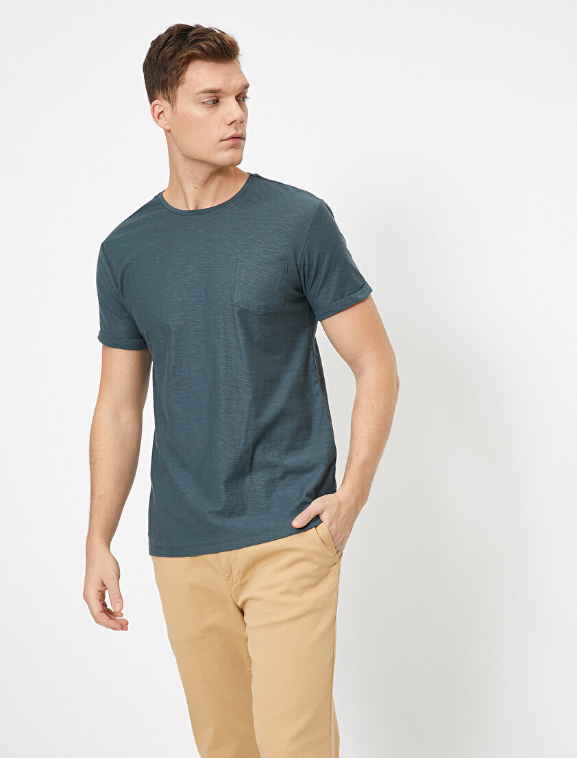 Bisiklet Yaka Cep Detaylı Flamlı Kumaş Slim Fit Basic Tişört