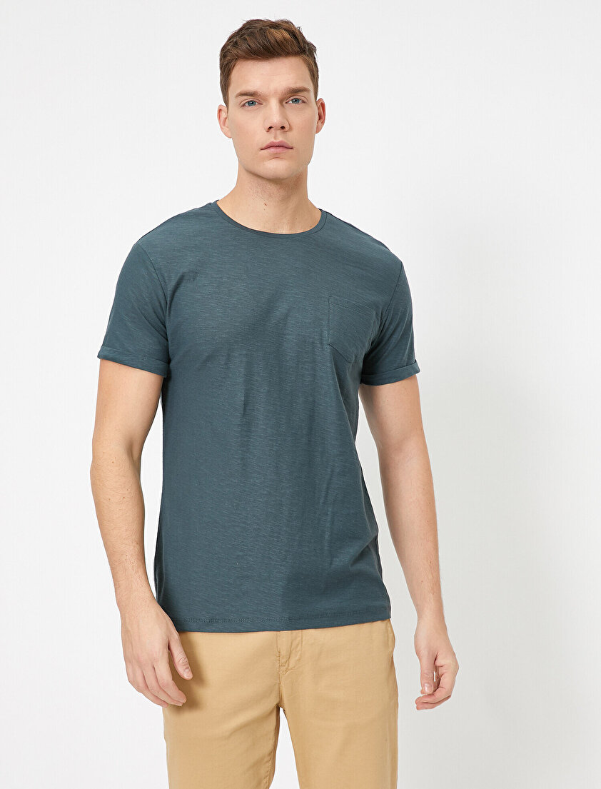 Bisiklet Yaka Cep Detaylı Flamlı Kumaş Slim Fit Basic Tişört