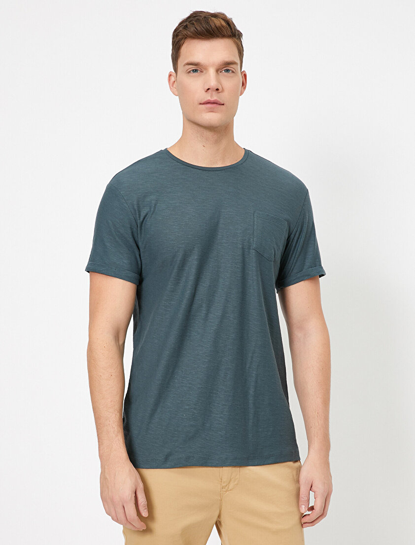 Bisiklet Yaka Cep Detaylı Flamlı Kumaş Slim Fit Basic Tişört