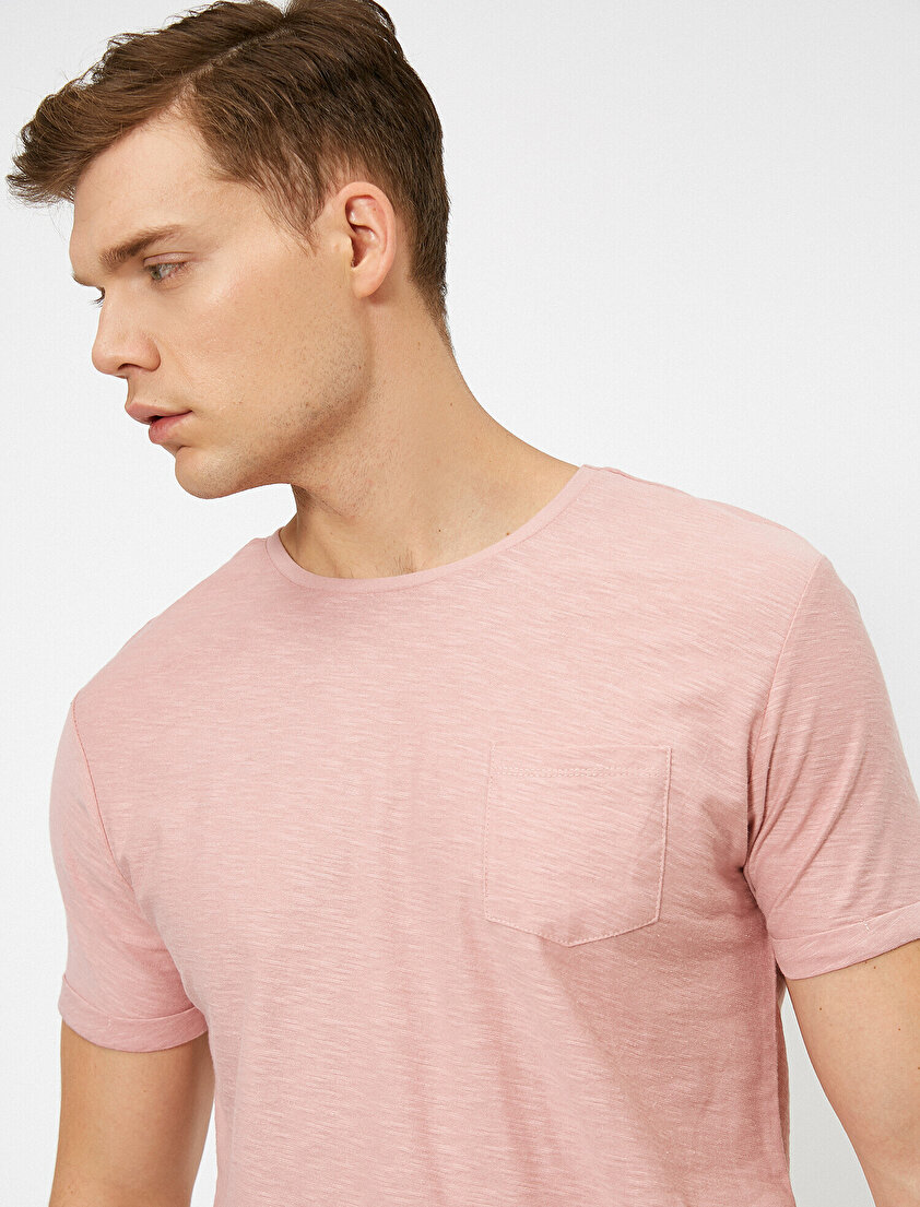 Bisiklet Yaka Cep Detaylı Flamlı Kumaş Slim Fit Basic Tişört